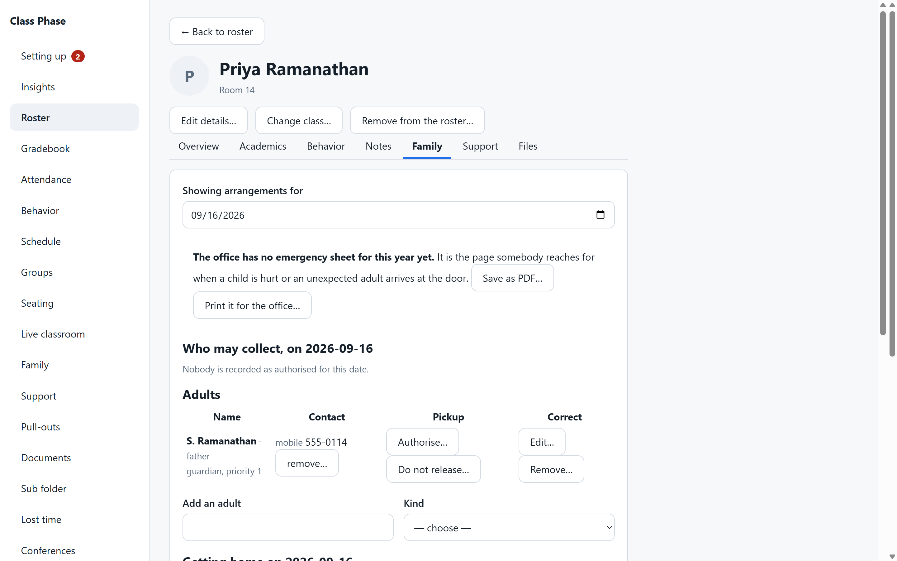 Class Phase — Family contact log